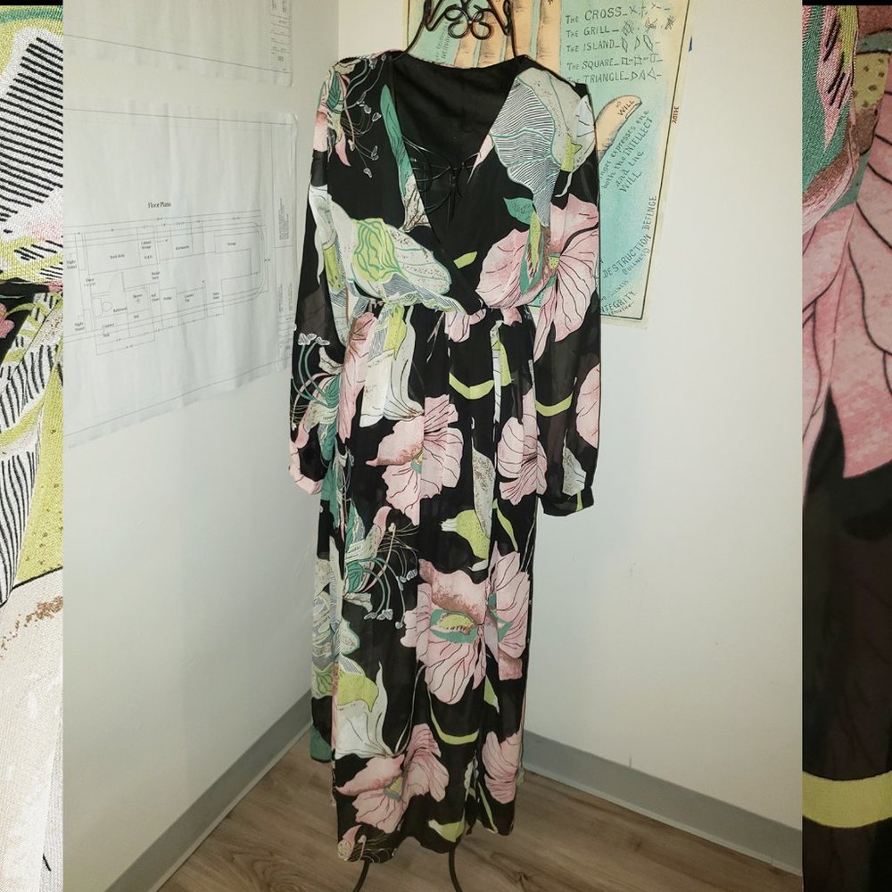 SOLD Black Floral Print Long Sleeve Chifon Blouson Dress Cottagecore Prairie XL